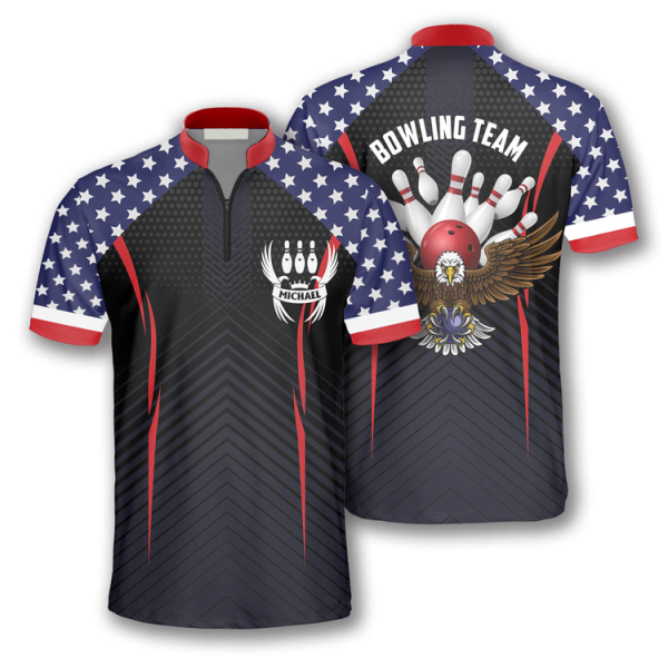 Patriotic Eagle American Flag Custom Bowling Jerseys for Men, Uniform Shirt for Bowling Team, Flag Shirt